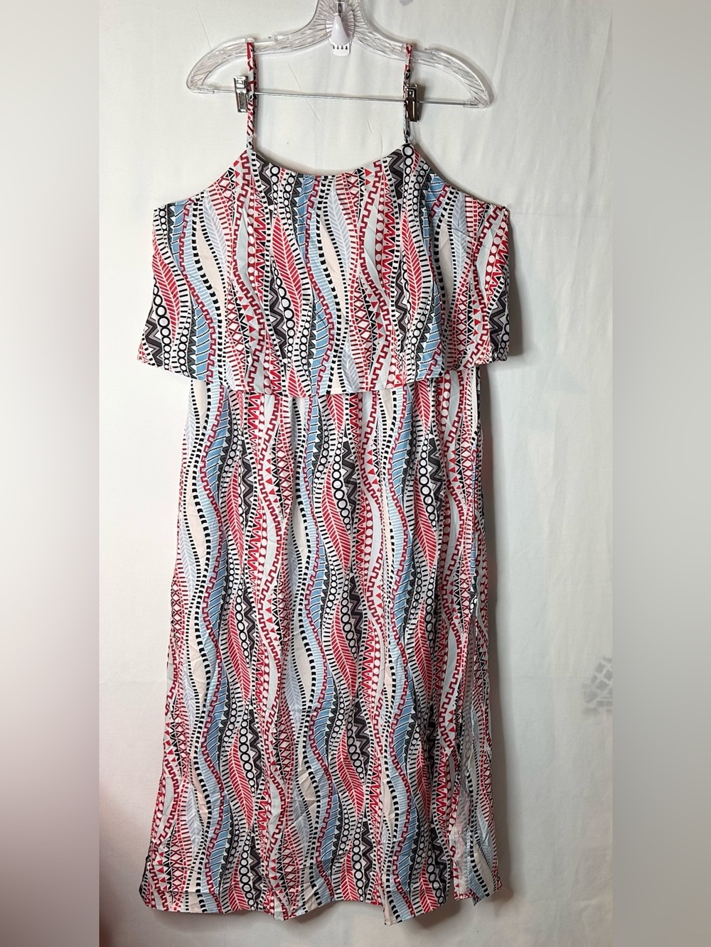 Cupshe Red Black Blue Printed Maxi Woven Boho Flounce Bodice Maxi Dress Size XL